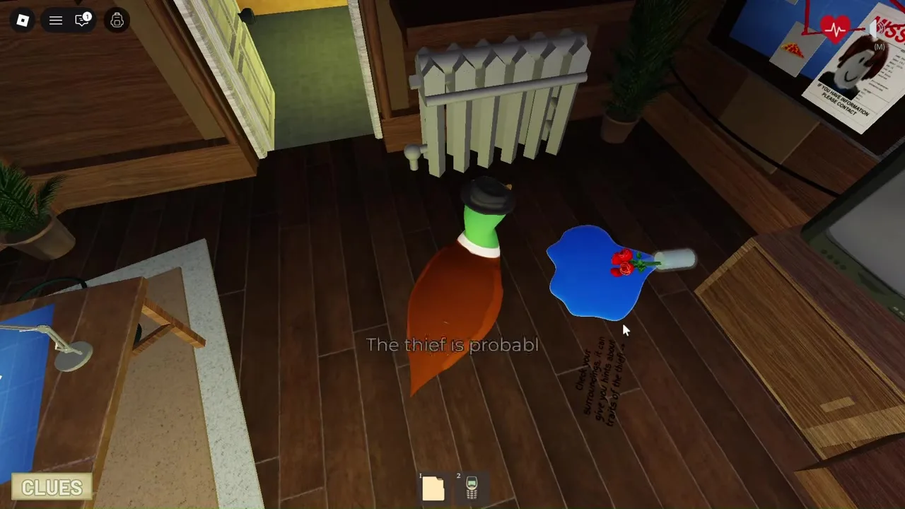 Detective Duck clue pop-up describing a physical trait of the thief after inspecting evidence